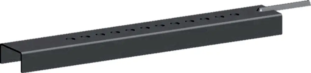 Schwarze Auflageschiene mit mehreren Löchern zur Befestigung, vermutlich für die Abgasleitung im Schacht. Produkt von Wolf.